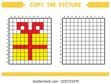 Copy the picture, complete the grid image. Educational worksheets drawing with squares, coloring areas. Preschool activities, children's games. Cartoon vector illustration, pixel art. Yellow gift box.