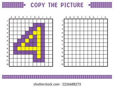 Copy the picture, complete the grid image. Educational worksheets drawing with squares, coloring cell areas. Preschool activities, children's games. Cartoon vector illustration, pixel art. Number 4.