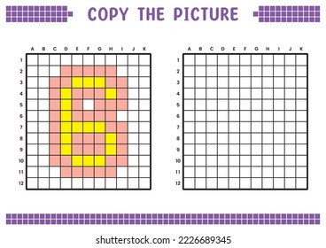 Copy the picture, complete the grid image. Educational worksheets drawing with squares, coloring cell areas. Preschool activities, children's games. Cartoon vector illustration, pixel art. Number 6.