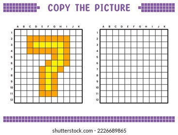Copy the picture, complete the grid image. Educational worksheets drawing with squares, coloring cell areas. Preschool activities, children's games. Cartoon vector illustration, pixel art. Number 7.