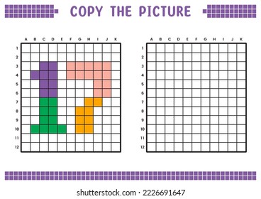 Copy the picture, complete the grid image. Educational worksheets drawing with squares, coloring cell areas. Preschool activities, children's games. Cartoon vector illustration, pixel art. Number 17.