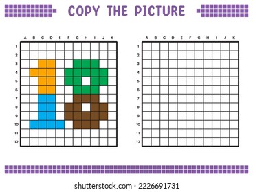 Copy the picture, complete the grid image. Educational worksheets drawing with squares, coloring cell areas. Preschool activities, children's games. Cartoon vector illustration, pixel art. Number 18.