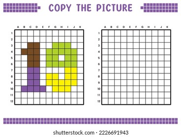 Kopieren Sie das Bild, vervollständigen Sie das Rasterbild. Bildungs-Arbeitsblätter zeichnen mit Quadraten, färben Zellbereiche. Aktivitäten im Vorfeld, Kinderspiele. Cartoon, Vektorgrafik, Pixelkunst. Nummer 19.