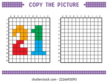 Copy the picture, complete the grid image. Educational worksheets drawing with squares, coloring cell areas. Preschool activities, children's games. Cartoon vector illustration, pixel art. Number 21.