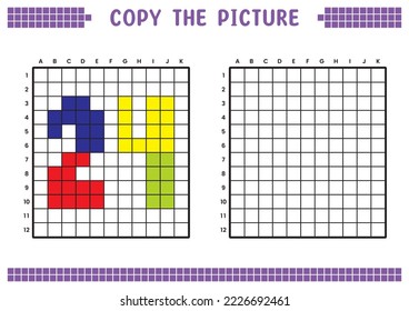 Copy the picture, complete the grid image. Educational worksheets drawing with squares, coloring cell areas. Preschool activities, children's games. Cartoon vector illustration, pixel art. Number 24.