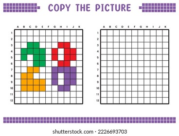Copy the picture, complete the grid image. Educational worksheets drawing with squares, coloring cell areas. Preschool activities, children's games. Cartoon vector illustration, pixel art. Number 28.