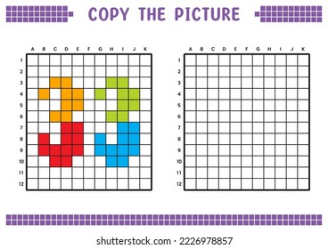 Copy the picture, complete the grid image. Educational worksheets drawing with squares, coloring cell areas. Preschool activities, children's games. Cartoon vector illustration, pixel art. Number 33.