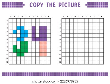 Copy the picture, complete the grid image. Educational worksheets drawing with squares, coloring cell areas. Preschool activities, children's games. Cartoon vector illustration, pixel art. Number 34.