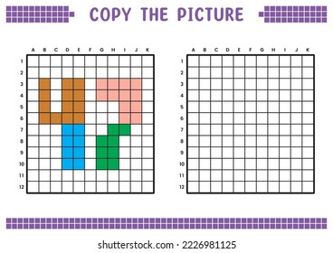 Copy the picture, complete the grid image. Educational worksheets drawing with squares, coloring cell areas. Preschool activities, children's games. Cartoon vector illustration, pixel art. Number 47.