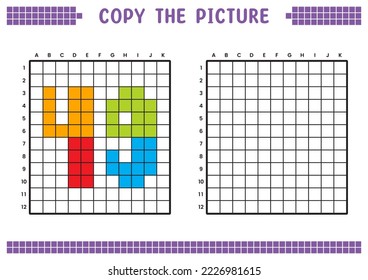 Copy the picture, complete the grid image. Educational worksheets drawing with squares, coloring cell areas. Preschool activities, children's games. Cartoon vector illustration, pixel art. Number 49.