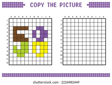 Copy the picture, complete the grid image. Educational worksheets drawing with squares, coloring cell areas. Preschool activities, children's games. Cartoon vector illustration, pixel art. Number 58.
