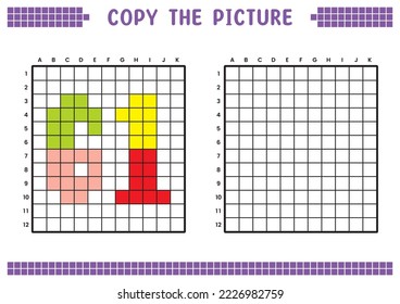 Copy the picture, complete the grid image. Educational worksheets drawing with squares, coloring cell areas. Preschool activities, children's games. Cartoon vector illustration, pixel art. Number 61.