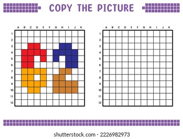 Copy the picture, complete the grid image. Educational worksheets drawing with squares, coloring cell areas. Preschool activities, children's games. Cartoon vector illustration, pixel art. Number 62.