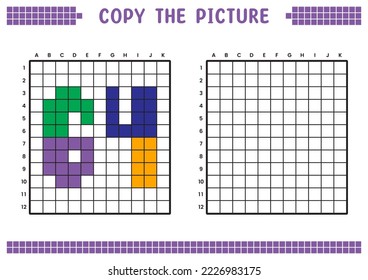 Copy the picture, complete the grid image. Educational worksheets drawing with squares, coloring cell areas. Preschool activities, children's games. Cartoon vector illustration, pixel art. Number 64.