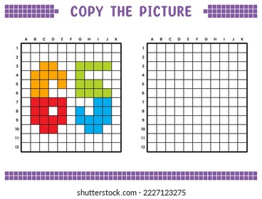 Copy the picture, complete the grid image. Educational worksheets drawing with squares, coloring cell areas. Preschool activities, children's games. Cartoon vector illustration, pixel art. Number 65.