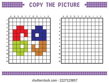 Copy the picture, complete the grid image. Educational worksheets drawing with squares, coloring cell areas. Preschool activities, children's games. Cartoon vector illustration, pixel art. Number 69.