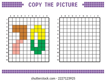 Copy the picture, complete the grid image. Educational worksheets drawing with squares, coloring cell areas. Preschool activities, children's games. Cartoon vector illustration, pixel art. Number 70.