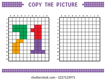 Copy the picture, complete the grid image. Educational worksheets drawing with squares, coloring cell areas. Preschool activities, children's games. Cartoon vector illustration, pixel art. Number 71.