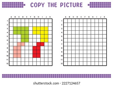 Copy the picture, complete the grid image. Educational worksheets drawing with squares, coloring cell areas. Preschool activities, children's games. Cartoon vector illustration, pixel art. Number 77.