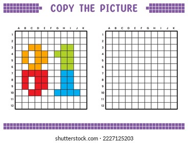 Copy the picture, complete the grid image. Educational worksheets drawing with squares, coloring cell areas. Preschool activities, children's games. Cartoon vector illustration, pixel art. Number 81.