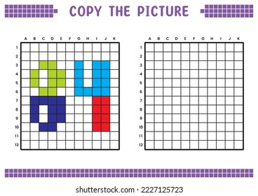Copy the picture, complete the grid image. Educational worksheets drawing with squares, coloring cell areas. Preschool activities, children's games. Cartoon vector illustration, pixel art. Number 84.