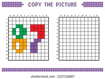 Copy the picture, complete the grid image. Educational worksheets drawing with squares, coloring cell areas. Preschool activities, children's games. Cartoon vector illustration, pixel art. Number 87.