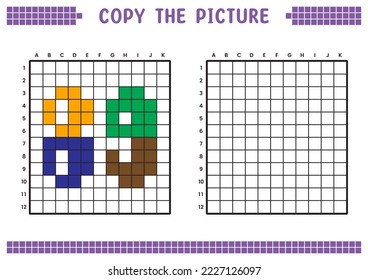 Copy the picture, complete the grid image. Educational worksheets drawing with squares, coloring cell areas. Preschool activities, children's games. Cartoon vector illustration, pixel art. Number 89.