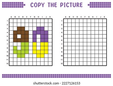 Copy the picture, complete the grid image. Educational worksheets drawing with squares, coloring cell areas. Preschool activities, children's games. Cartoon vector illustration, pixel art. Number 90.