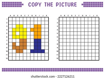Copy the picture, complete the grid image. Educational worksheets drawing with squares, coloring cell areas. Preschool activities, children's games. Cartoon vector illustration, pixel art. Number 91.