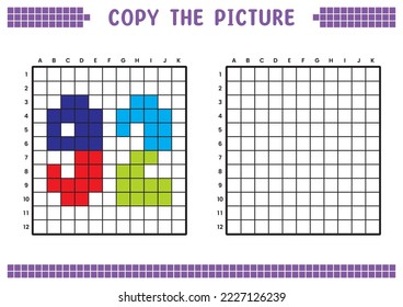 Copy the picture, complete the grid image. Educational worksheets drawing with squares, coloring cell areas. Preschool activities, children's games. Cartoon vector illustration, pixel art. Number 92.