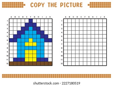 Copy the picture, complete the grid image. Educational worksheets drawing with squares, coloring cell areas. Children's preschool activities. Cartoon vector illustration, pixel art. House.