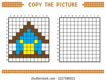 Copy the picture, complete the grid image. Educational worksheets drawing with squares, coloring cell areas. Children's preschool activities. Cartoon vector, pixel art illustration. House.