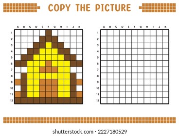 Copy the picture, complete the grid image. Educational worksheets drawing with squares, coloring cell areas. Children's preschool activities. Cartoon vector, pixel art. Yellow house illustration.