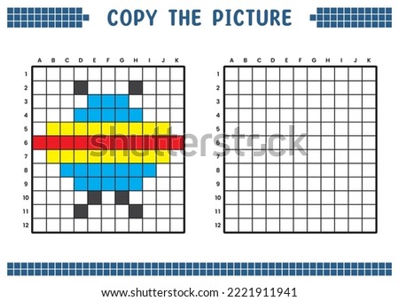 Copy the picture, complete the grid image. Educational worksheets drawing with squares, coloring cell areas. Children's preschool activities. Cartoon vector, pixel art. UFO plane illustration.