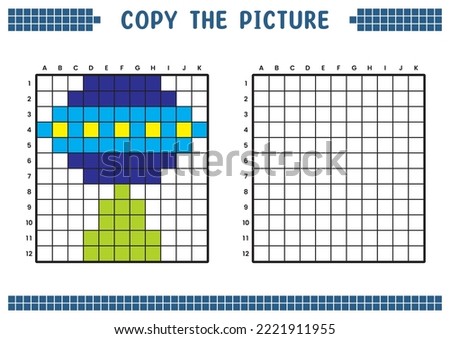 Copy the picture, complete the grid image. Educational worksheets drawing with squares, coloring cell areas. Children's preschool activities. Cartoon vector, pixel art. UFO plane illustration.