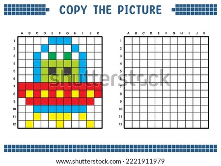 Copy the picture, complete the grid image. Educational worksheets drawing with squares, coloring cell areas. Children's preschool activities. Cartoon vector, pixel art. UFO and alien illustration.