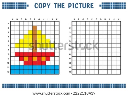 Copy the picture, complete the grid image. Educational worksheets drawing with squares, coloring cell areas. Children's preschool activities. Cartoon vector, pixel art. Sailing ship illustration.
