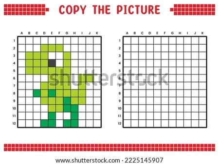 Copy the picture, complete the grid image. Educational worksheets drawing with squares. Preschool coloring activities, children's games. Pixel cartoon, vector illustration. Dinosaur, Tyrannosaurus.