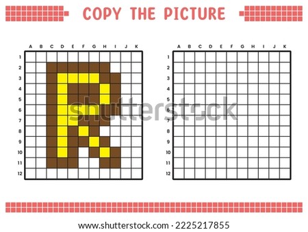 Copy the picture, complete the grid image. Educational worksheets drawing with squares, coloring cell areas. Preschool activities, children's games. Cartoon vector illustration, pixel art. Letter R.