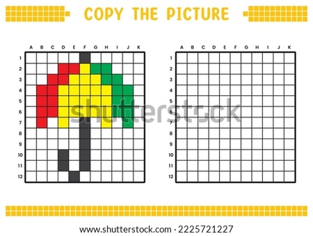 Copy the picture, complete the grid image. Educational worksheets drawing with squares, coloring cell areas. Preschool activities, children's games. Cartoon vector illustration, pixel art. Umbrella.