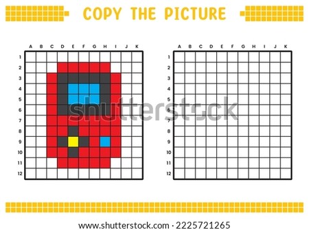 Copy the picture, complete the grid image. Educational worksheets drawing with squares, coloring cell areas. Preschool activities, children's games. Cartoon vector illustration, pixel art. Game bots.