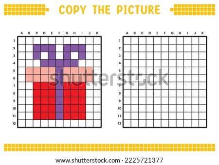 Copy the picture, complete the grid image. Educational worksheets drawing with squares, coloring areas. Preschool activities, children's games. Cartoon vector illustration, pixel art. Red gift box.