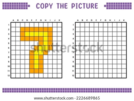 Copy the picture, complete the grid image. Educational worksheets drawing with squares, coloring cell areas. Preschool activities, children's games. Cartoon vector illustration, pixel art. Number 7.