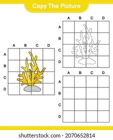 Copy the picture, copy the picture of Coral using grid lines. Educational children game, printable worksheet, vector illustration