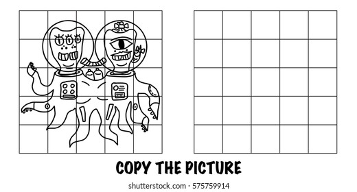 Copy the picture. Crazy alien monster. An educational, fun activity for children to help improve their drawing skills.