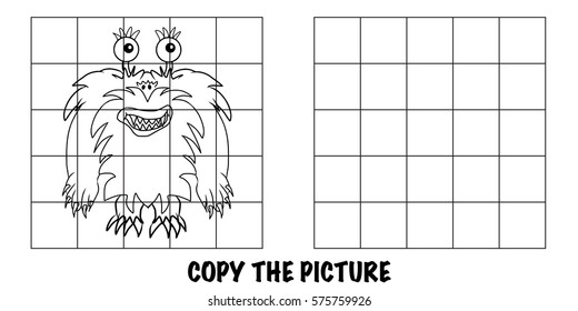 Copy the picture. Crazy alien monster. An educational, fun activity for children to help improve their drawing skills.