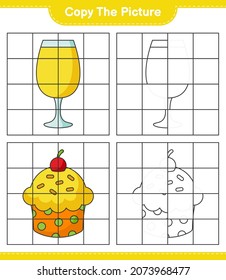 Copy the picture, copy the picture of Cup Cake and Cocktail using grid lines. Educational children game, printable worksheet, vector illustration