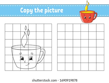 Copy the picture. Cup. Coloring book pages for kids. Education developing worksheet. Game for children. Handwriting practice. Catoon character.