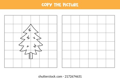 Copy the picture of cute black and white fir tree. Educational game for kids. Handwriting practice.