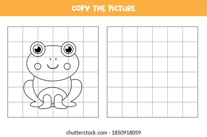 Copy the picture of cute cartoon frog. Educational game for kids. Handwriting practice.